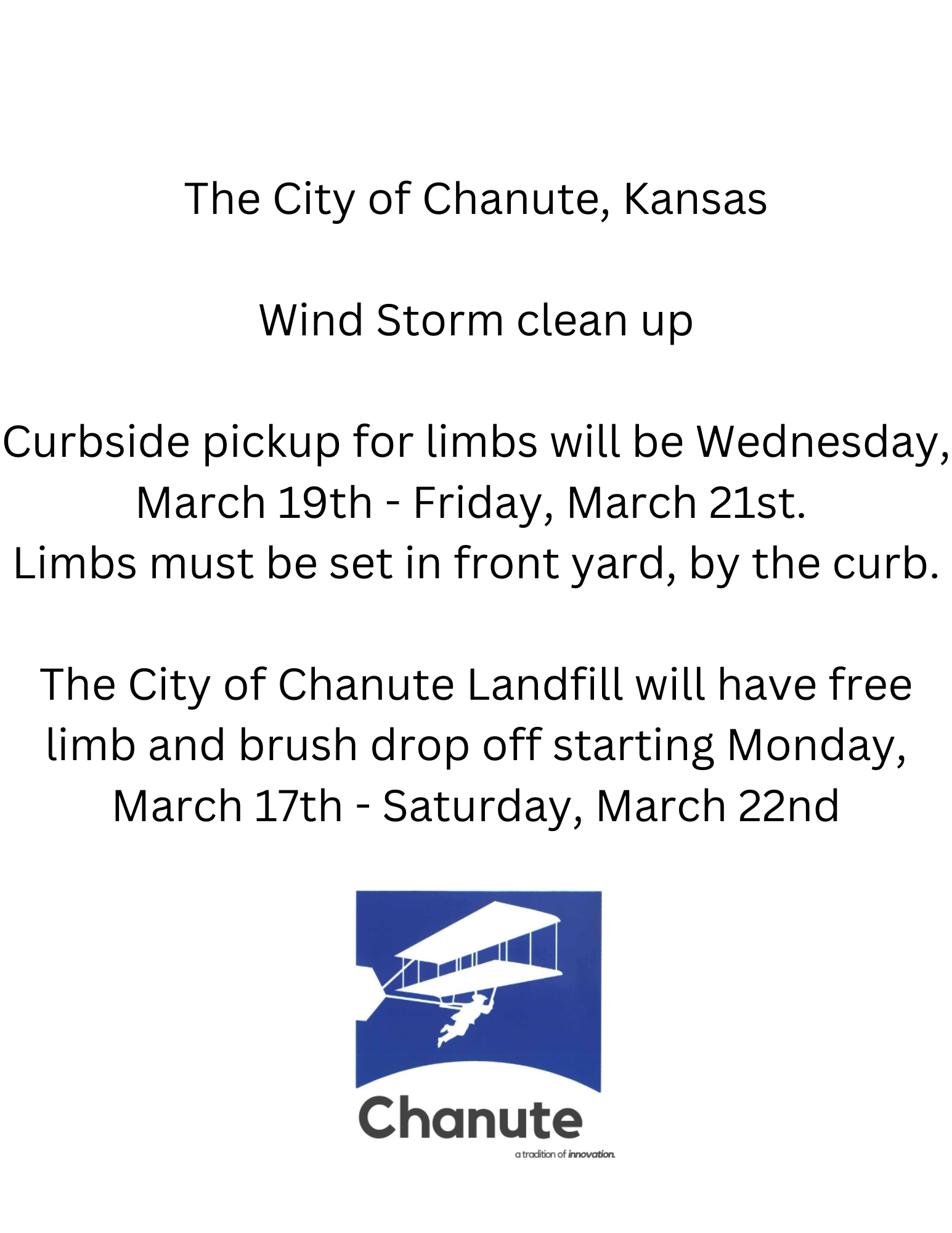 The City of Chanute, Kansas Clean up Week Curbside pickup for limbs